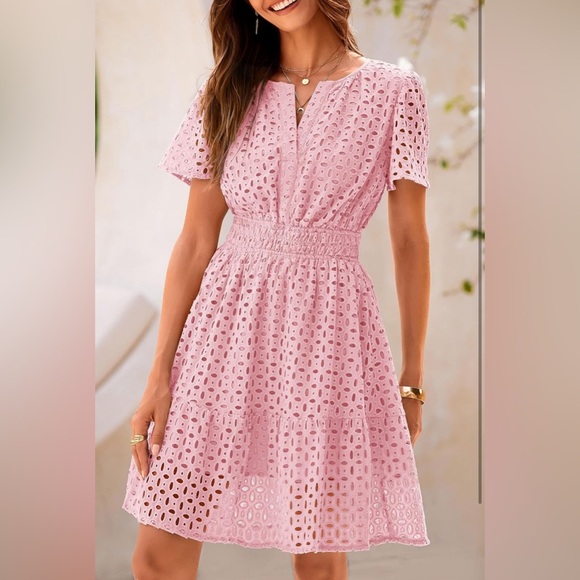 PRETTYGARDEN Short Dress V Neck Short Sleeve A Line Hollow Out Lace Ruffle Dress - Picture 6 of 14